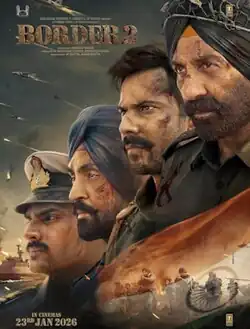 The theatrical release poster for the film Border 2. The top half features four protagonists in profile and three-quarter views, appearing battle-worn with visible facial injuries. From right to left, the lineup includes Sunny Deol in an army uniform, Varun Dhawan in an army uniform, Diljit Dosanjh in an air force uniform, and Ahan Shetty in a navy uniform. The background depicts fighter jets and missiles streaking across a smoky sky, with a frigate positioned at sea. In the bottom right, an inset image shows Sunny Deol in army fatigues leading a charge of soldiers, framed by the folds of the Indian tricolour flag.