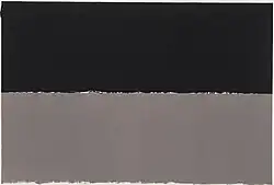 A minimalist lithograph by Brice Marden shows two uneven horizontal fields, with a deep black upper half and a muted gray lower half separated by an uneven edge