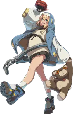 A blonde girl in a nun-inspired outfit with a miniskirt striding to the left with a yoyo in one hand and a large teddy bear in the other.