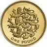 A British one pound (£1) coin, issued in 1997, featuring three lions passant, representing England[39]
