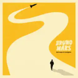The silhouette of a rocket is shown flying away through a yellow background, leaving behind a trail on which the silhouette of a fedora-wearing man is walking. The words "Bruno Mars", in beige capital font, and "Doo-Wops & Hooligans", in lower case black font, are printed to the right.