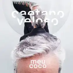 Close-up of the top of a Veloso's head with short, white hair in the foreground, overlaid with the white text "meu coco". In the background, the same figure appears repeatedly in diminishing size, creating a tunnel-like visual effect, with the white text "caetano veloso" partially visible near the top.