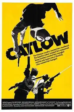 Stylized movie poster with bold black text and silhouetted cowboys against a bright yellow background