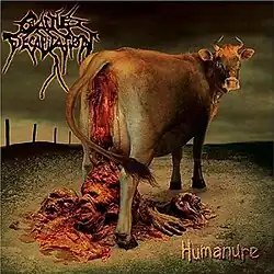 A cow excreting human remains in a barren wasteland