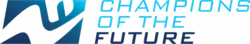 A light-blue and navy rectangular logo displaying an abstract driver resting palms-down against their kart with "Champions of the Future" in block capitals
