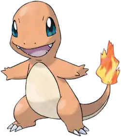 The image depicts a bipedal lizard-like creature with an orange body and cream-colored belly. On its tail is an orange-and-yellow flame, and it has a smooth round head. Its feet have three white claws each, while its hands have four fingers each. It has blue eyes and an open mouth with four fangs.