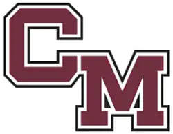 A maroon "CM" which is surrounded by a white border and further outlined in black.