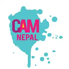 Turquoise paint splatter with hot pink text reading "CAM NEPAL"