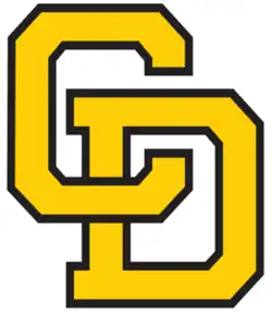 Yellow monogram with an overlapping "C" and "D"