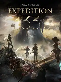 Cover art, depicting warriors in front of the large building. Text on the top reads "Clair Obscur: Expedition 33"