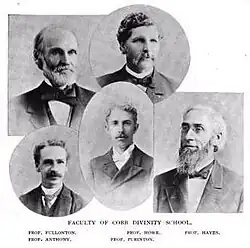 Cobb Divinity School faculty, ca. 1895, featuring Professors John Fullonton, Alfred W. Anthony, Herbert R. Purinton, James A. Howe, and Benjamin F. Hayes