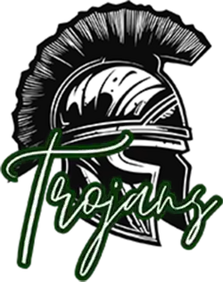 Battle helmet and green script reading "Trojans"