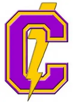Purple and gold "C" with a lightning bolt