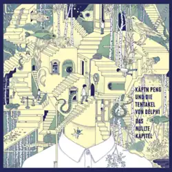 Stylized yellow and blue cover with people walking through a fantastic realm of stairs around a man's head