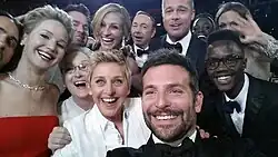 A selfie of various celebrities at the 86th Academy Awards; from left to right, bottom row: Jared Leto, Jennifer Lawrence, Meryl Streep, Ellen DeGeneres, Bradley Cooper, Peter Nyong'o; top row: Channing Tatum, Julia Roberts, Kevin Spacey, Brad Pitt, Lupita Nyong'o, Angelina Jolie