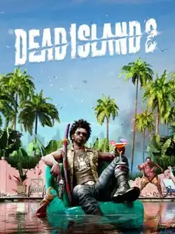 A man with a katana next to him sits on a floatie in a pool, with zombies around