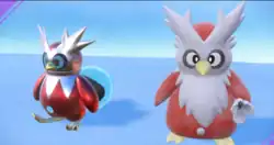 A Delibird and Iron Bundle standing next to each other in a snowy environment