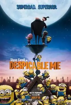 Gru standing with his girls atop a platform on the roof viewing the Moon in the background, while a large crowd of Minions are playfully scattered along the same roof