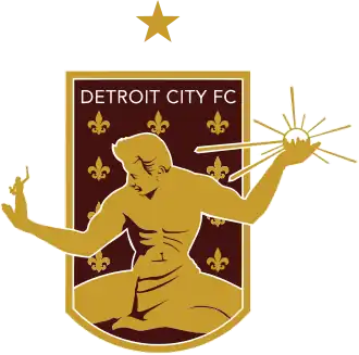 A shield containing The Spirit of Detroit, several Fleurs-de-lis, and the text "DETROIT CITY FC".