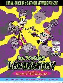 A young brother and sister pointing remote controls at each other set against a purple laboratory background featuring animals and yellow bolts of electricity.