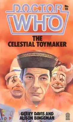 Book cover with the text "Doctor Who The Celestial Toymaker", depicting the Toymaker and two clowns