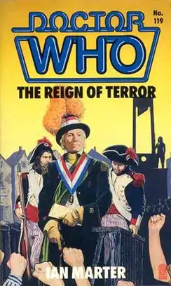 Book cover, featuring the Doctor standing in front of an angry crowd, and French soldiers behind him and a guillotine in the far background