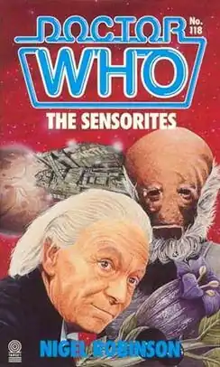 Book cover, featuring William Hartnell as the Doctor, and a Sensorite and spaceship behind him