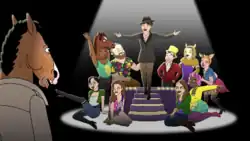 an anthropomorphic horse stares in awe as a woman stands atop a stage with several actors around her