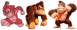 From left to right, different takes on a brown gorilla: an unkempt, naked cartoon gorilla, a CGI gorilla with a large brow and determined expression wearing a red tie with yellow "DK" initials, and a CGI gorilla grinning with a less angular brow
