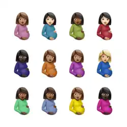 In a white background, 12 different pregnant women in the style of Apple emojis, with their hands holding on their abdomen.
