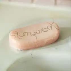 A bar of soap with pubic hair on top, spelling out "Stumpwork".