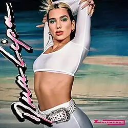 Dua Lipa posing with her arms behind her neck. Text in pink says "Dua Lipa" (her name) and "Levitating" (song title). The background of the picture are different textures of blue, gray, pink, and green.