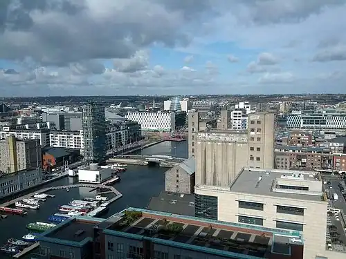 View of the west inner basin from the top floor of the Montevetro building. The now-regenerated Boland's Mill, Alto Vetro, and The Marker Hotel can be seen.