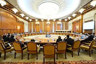 The palace's crystal chandeliers were manufactured at Vitrometan Mediaș glass factory.[37] Manufacturing the 480 chandeliers took two years.