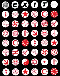 Red and white icons on a black background showing items such as skulls, stars, communist symbols, swastikas
