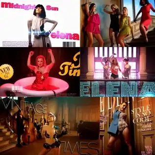 An image with six screenshots from the music video, with each showing Elena as well as occasionally her and her background dancers in different poses and settings, wearing different outfits.