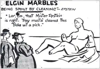 Black-and-white drawing: two people, a plump man and woman, look at a badly worn sculpture. "Elgin Marbles being spoilt by cleaning — Epstein" can be read at the top.