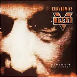 close sepia tone photo of male human eyes and nose with red V 1984 logo and band name upper right