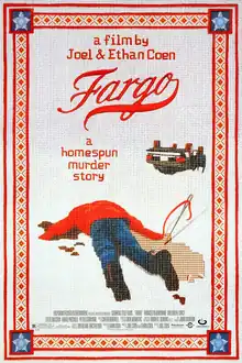 A man lies in snow in a pool of blood with an upturned car lies beyond him. The words title "Fargo" and the tagline "a homespun murder story" are printed above.