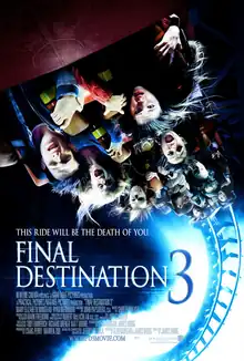 Image showing Wendy and Kevin, along with the rest of the survivors, on the Devil's Flight roller coaster as it is performing an upside-down loop. They are looking at the camera and screaming.