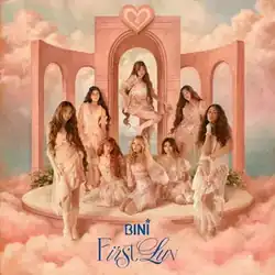 Cover art for BINI's "First Luv". The eight members pose in pink ruffled outfits on a platform surrounded by peach clouds. A central arch with a heart stands behind them.