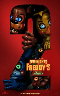Film poster, depicting four animatronics looking through a number 2-shaped hole in a red wall