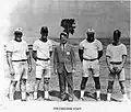 1970 Parsons football coaching staff. L-R, Tom Schlarbaum, Def. Line, Larry Blixt, Off. Backs, Dr. John Wahrer, AD, Frank Falks, Off. Coordinator/Line, Paul Read, HC/Defense Coord
