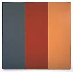 A minimalist painting consisting of three vertical, solid-colored panels: dark gray on the left, deep red in the center, and warm orange on the right