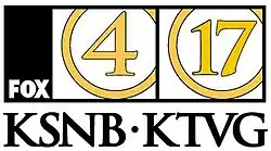 A logo featuring a black bar at left with the Fox logo at the bottom and then two white boxes, one containing a gold 4 trimmed in black surrounded by a gold ring and the other containing a gold 17 trimmed in black surrounded by a gold ring. Beneath are the letters "KSNB • KTVG".