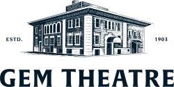 Black-and-white diagram of building facing the corner with text reading "Gem Theater, Estd. 1903 [recte 1927], Forbes Hospitality"