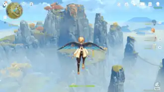 A picture of the game's male protagonist gliding through a mountainous landscape. A map of the world can be seen in the top left of the screen, and party information (lineup, health, etc.) is located to the right.