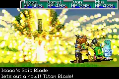 A screenshot of the Golden Sun game. Four characters look as an eruption of yellow light emerges from the enemy.