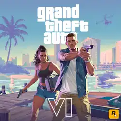 Art of a man and woman walking in Vice City, holding firearms. The text reads "Grand Theft Auto" and "VI".