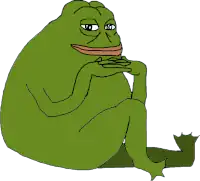 Groyper, a green cartoon frog, depicted sitting with one leg raised and his chin resting on interlocked fingers